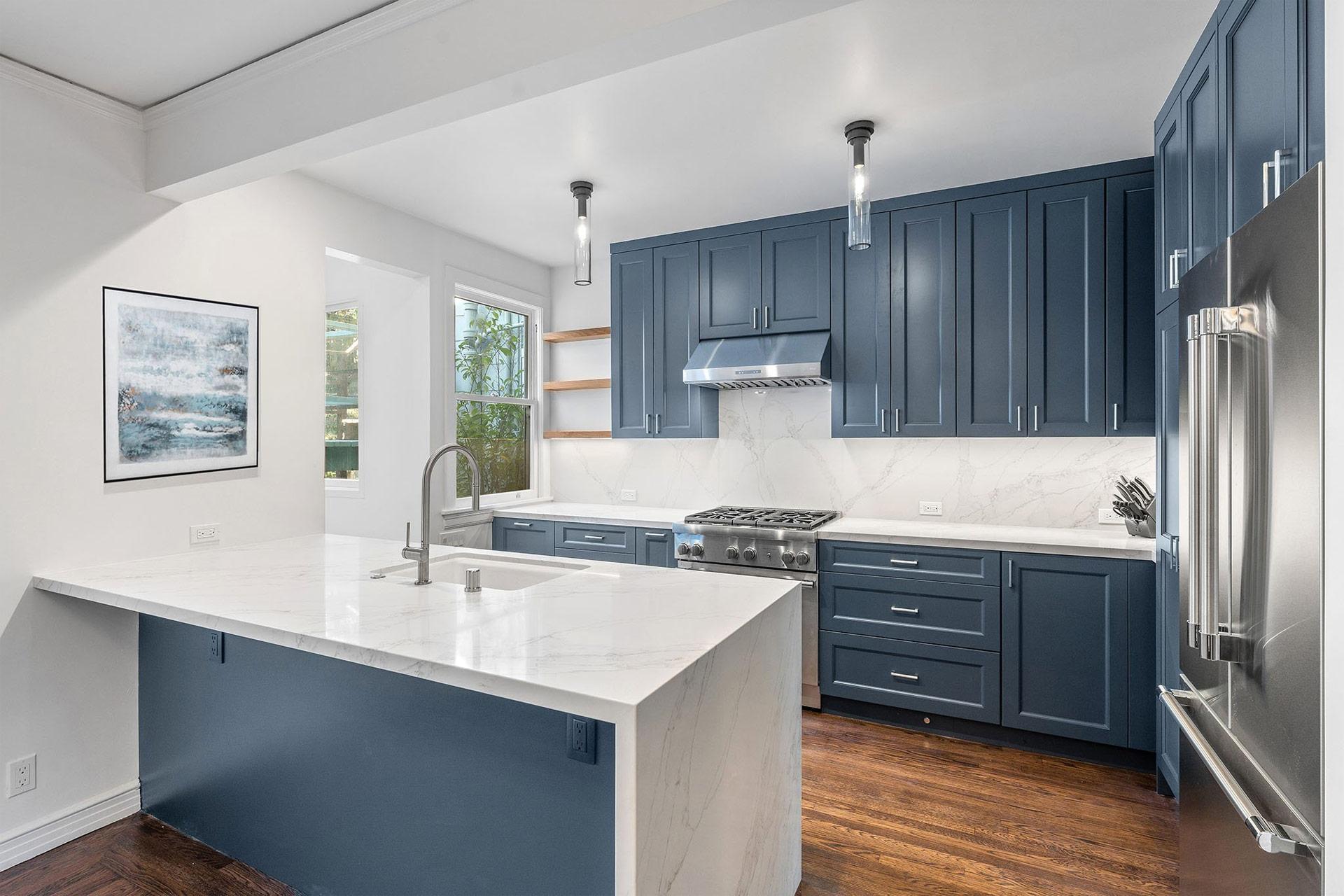 Kitchen with blue cabinets