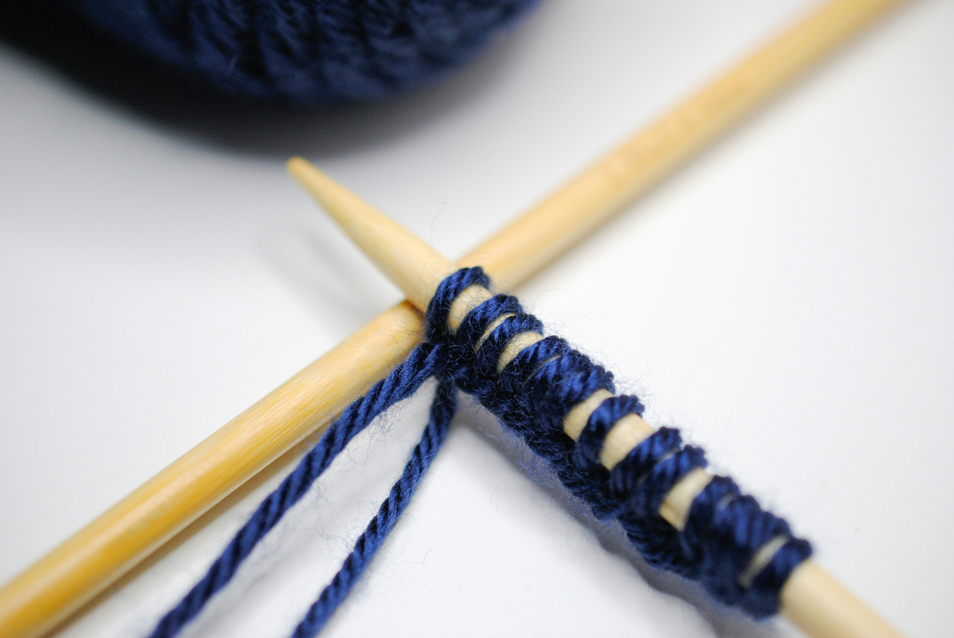 Knitting needles and navy blue yarn